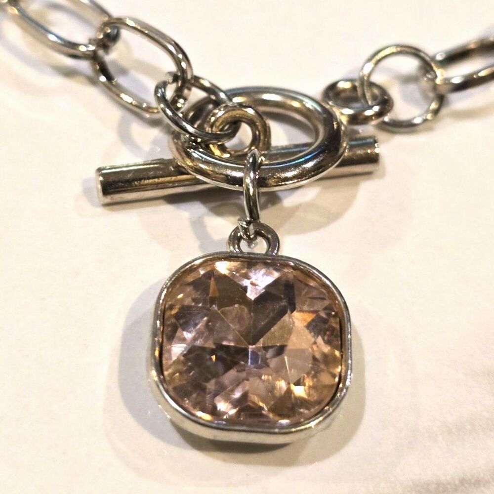 Silver Tone Toggle Necklace Blush Pink Crystal Charm Minimalist Necklace #1107